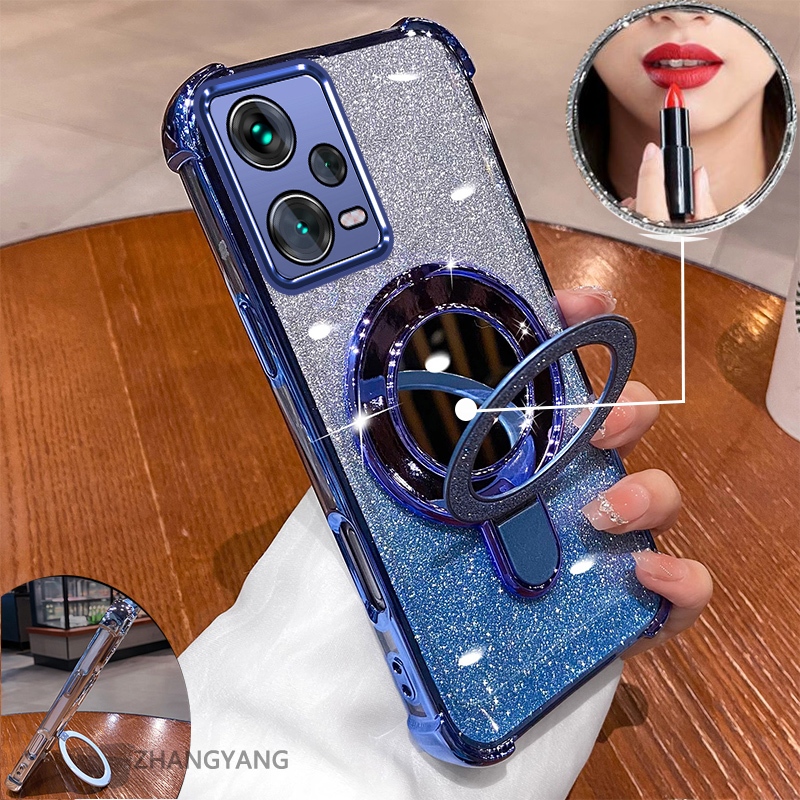 Ốp điện thoại mạ điện thẩm mỹ, hiệu ứng gương, giá đỡ, silicon TPU chống sốc cho Redmi Note 12 5G / Note 12 Pro 5G