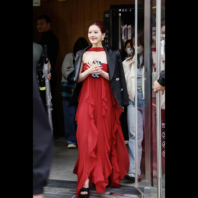 Cutenew Lưới Chắc Chắn Đầm Maxi Dây Tắt Vai Chắp Vá Chia Hình Eo Ruched Backless Nữ Thời Trang Ngọt Ngào Phong Cách Đa Năng