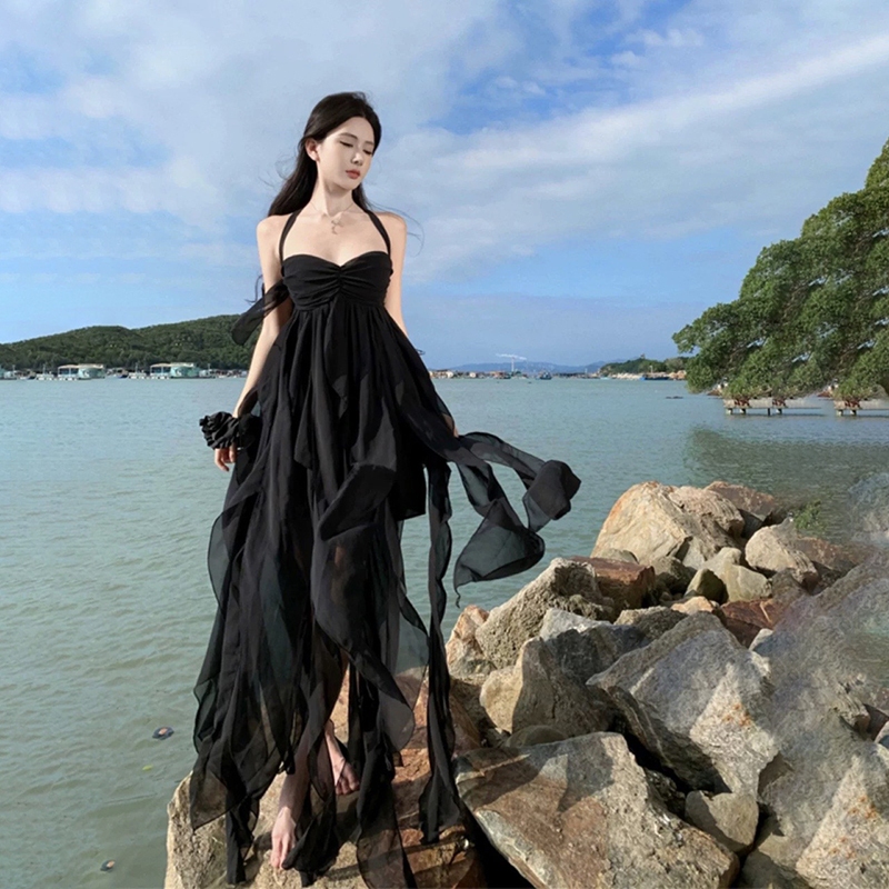 Cutenew Lưới Chắc Chắn Đầm Maxi Dây Tắt Vai Chắp Vá Chia Hình Eo Ruched Backless Nữ Thời Trang Ngọt Ngào Phong Cách Đa Năng