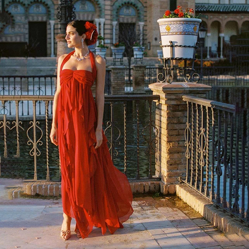 Cutenew Lưới Chắc Chắn Đầm Maxi Dây Tắt Vai Chắp Vá Chia Hình Eo Ruched Backless Nữ Thời Trang Ngọt Ngào Phong Cách Đa Năng