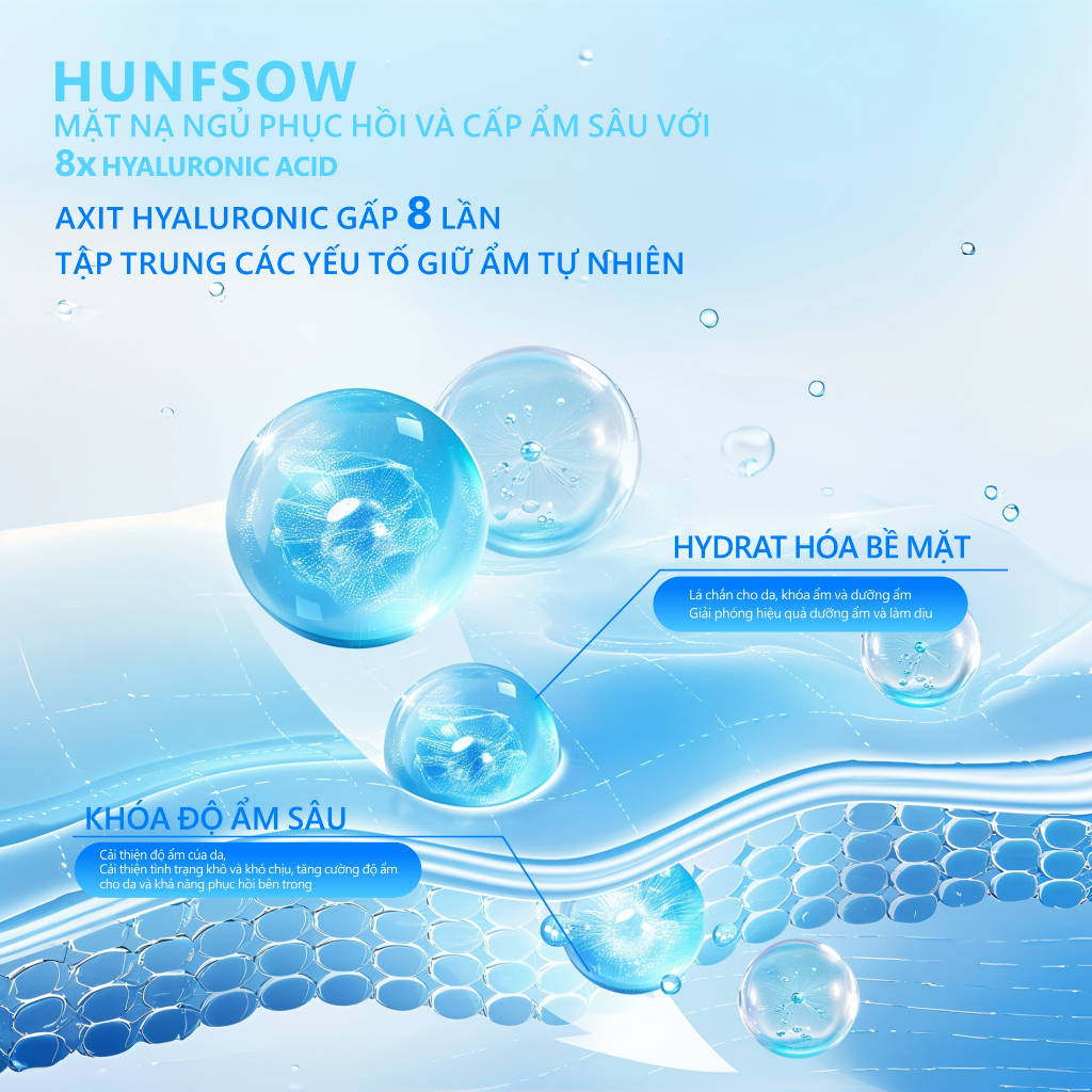 Mặt Nạ Ngủ HUNFSOW qua đêm Dưỡng ẩm và dưỡng da mềm mịn Dưỡng trắng dịu nhẹ Giúp Da Săn Chắc 8X Hyaluronic Acid Sleeping Mask 60ml