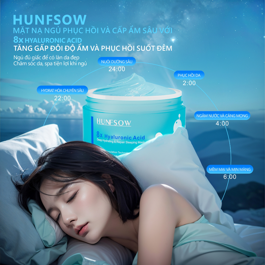 Mặt Nạ Ngủ HUNFSOW qua đêm Dưỡng ẩm và dưỡng da mềm mịn Dưỡng trắng dịu nhẹ Giúp Da Săn Chắc 8X Hyaluronic Acid Sleeping Mask 60ml