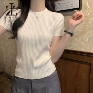 ZHELIHANGFEI Cổ Tròn Màu Trơn Dệt Kim Ngắn Tay Nữ