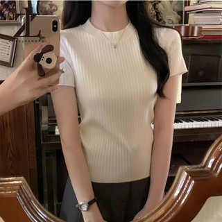 ZHELIHANGFEI Cổ Tròn Màu Trơn Dệt Kim Ngắn Tay Nữ