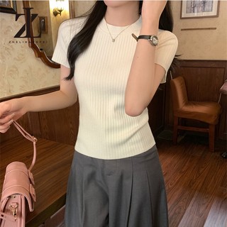 ZHELIHANGFEI Cổ Tròn Màu Trơn Dệt Kim Ngắn Tay Nữ