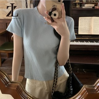ZHELIHANGFEI Cổ Tròn Màu Trơn Dệt Kim Ngắn Tay Nữ
