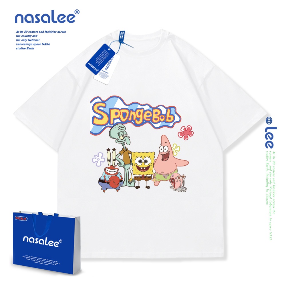 NASA SpongeBob SquarePants Trẻ Em Mùa Hè Cổ Tròn Tay Ngắn Cotton Nguyên Chất Nam Nữ Trẻ Em Áo Hoạt Hình