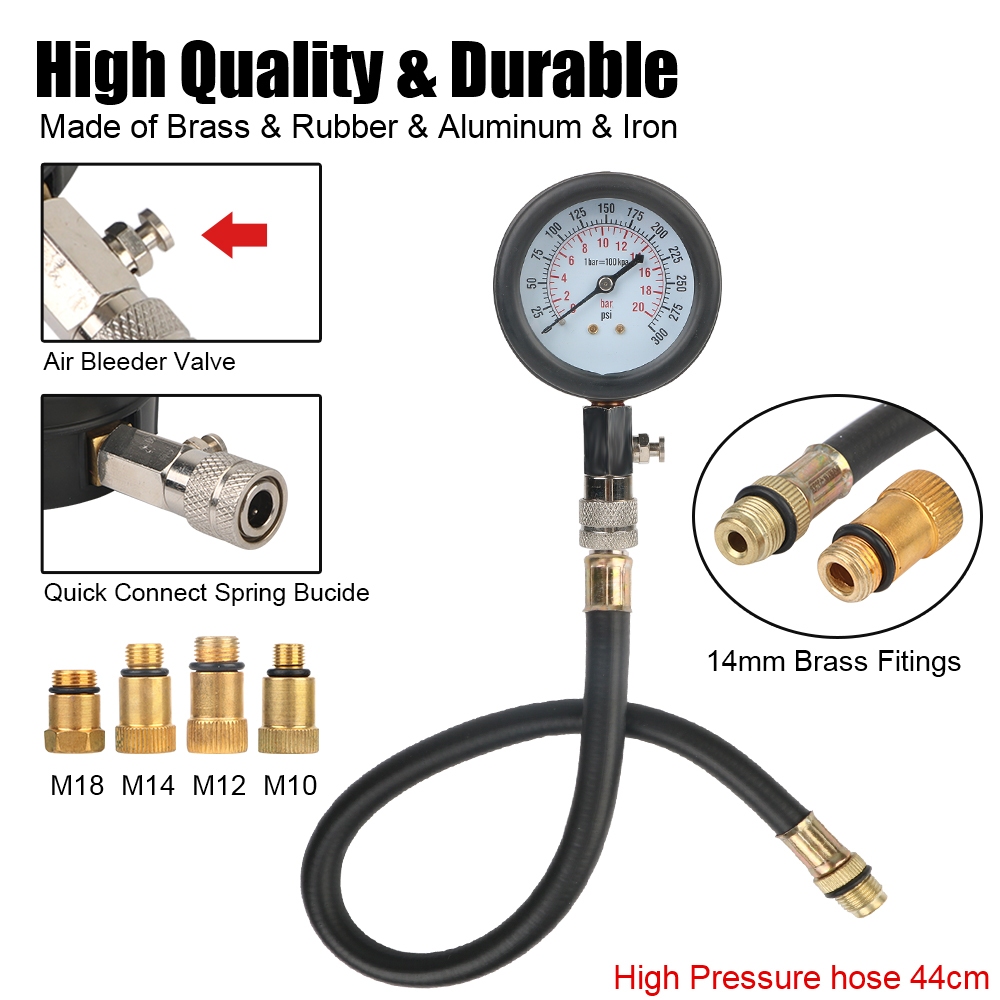 8 Chiếc Xe Máy Xi Lanh Nén Thử Nghiệm 0 - 300 PSI Ô Tô Động Cơ Xi Lanh Đo Áp Suất Máy Đo M10 M12 M14 M18 Adapter Xe Máy Xe Máy Xăng Dụng Cụ Kiểm Tra