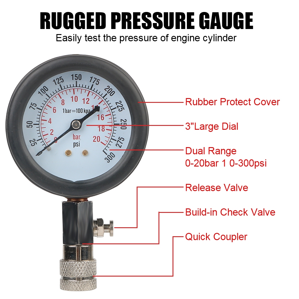 8 Chiếc Xe Máy Xi Lanh Nén Thử Nghiệm 0 - 300 PSI Ô Tô Động Cơ Xi Lanh Đo Áp Suất Máy Đo M10 M12 M14 M18 Adapter Xe Máy Xe Máy Xăng Dụng Cụ Kiểm Tra