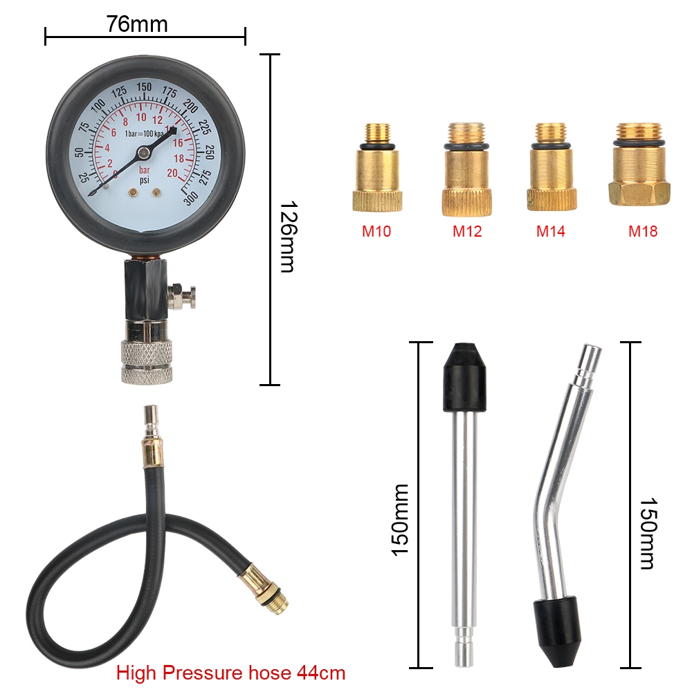 8 Chiếc Xe Máy Xi Lanh Nén Thử Nghiệm 0 - 300 PSI Ô Tô Động Cơ Xi Lanh Đo Áp Suất Máy Đo M10 M12 M14 M18 Adapter Xe Máy Xe Máy Xăng Dụng Cụ Kiểm Tra