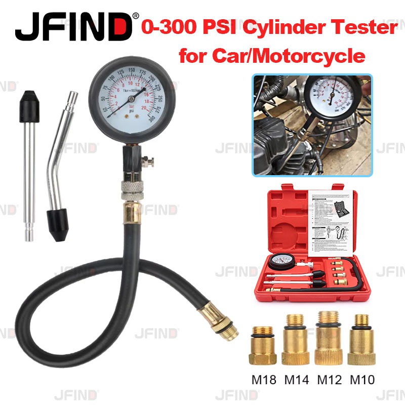 8 Chiếc Xe Máy Xi Lanh Nén Thử Nghiệm 0 - 300 PSI Ô Tô Động Cơ Xi Lanh Đo Áp Suất Máy Đo M10 M12 M14 M18 Adapter Xe Máy Xe Máy Xăng Dụng Cụ Kiểm Tra