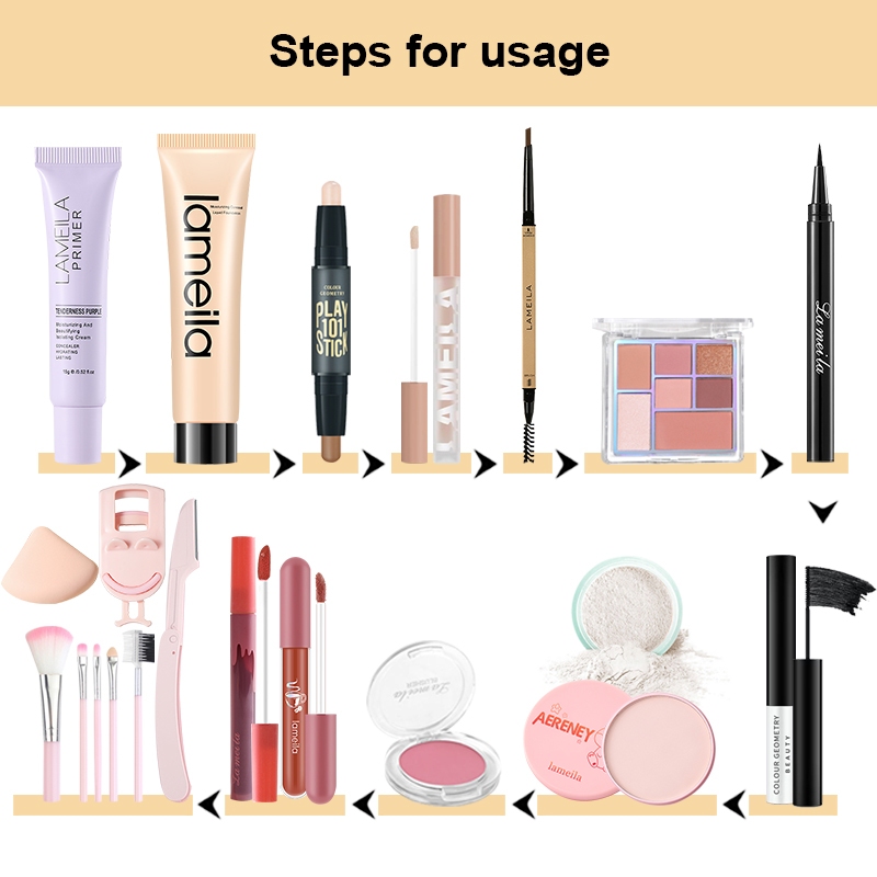 Ảnh LAMEILA bộ trang điểm 17 sản phẩm Son môi+Mascara+kẻ mắt+Bàn chải trang điểm+Chất lỏng concealer+Lông mi clip+Lông mày dao+Nhãn bóng đĩa 1