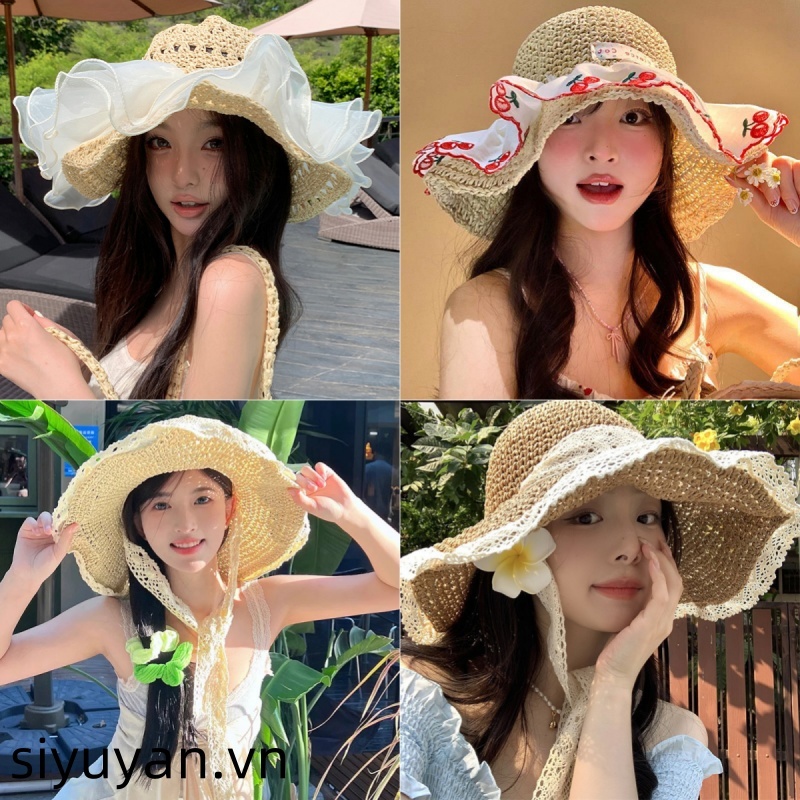 Siyuyan Ngọt Ngào Dễ Thương Anh Đào Ren Cạnh Mũ Rơm Cho Nữ Mùa Hè Rỗng Bên bờ Biển Kỳ Nghỉ Lớn Vành Che Nắng Mũ Chống Nắng Thời Trang VN