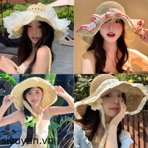 Siyuyan Ngọt Ngào Dễ Thương Anh Đào Ren Cạnh Mũ Rơm Cho Nữ Mùa Hè Rỗng Bên bờ Biển Kỳ Nghỉ Lớn Vành Che Nắng Mũ Chống Nắng Thời Trang VN