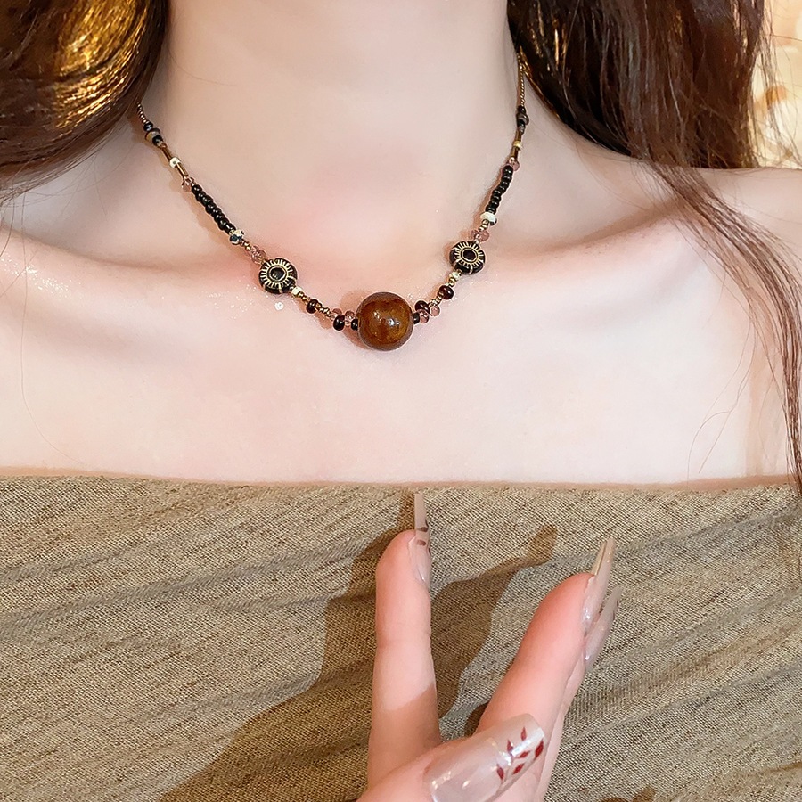 [Jewbeauty] Vòng cổ mặt dây chuyền tròn đính cườm gốm phong cách Trung Quốc mới cổ điển dây chuyền xương đòn cao cấp thời trang đa năng trang trí cổ đơn giản cho nữ