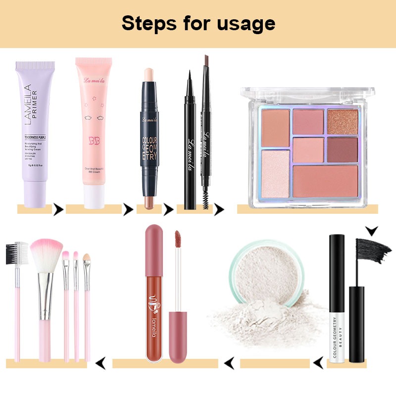Ảnh Bộ mỹ phẩm 9 món LAMEILA son môi lì+Mascara+chì kẻ mày+kẻ mắt+tạo đường viền+phấn mắt 7 màu+phấn phủ+kem nền+kem lót 1