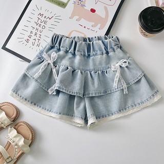 MuyoNowo Bé Gái Ren Nơ Ruffle Denim Skort Eo Co Giãn Quần Short Mùa Hè Mềm Mại