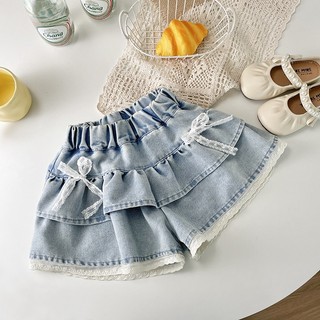 MuyoNowo Bé Gái Ren Nơ Ruffle Denim Skort Eo Co Giãn Quần Short Mùa Hè Mềm Mại