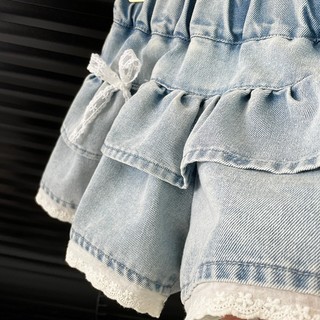 MuyoNowo Bé Gái Ren Nơ Ruffle Denim Skort Eo Co Giãn Quần Short Mùa Hè Mềm Mại