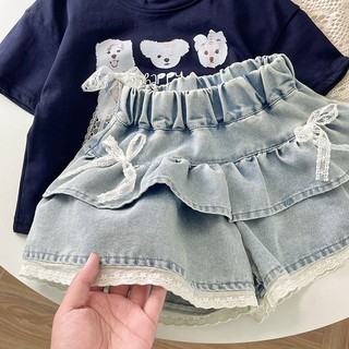 MuyoNowo Bé Gái Ren Nơ Ruffle Denim Skort Eo Co Giãn Quần Short Mùa Hè Mềm Mại