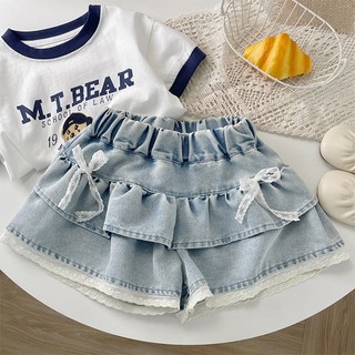 MuyoNowo Bé Gái Ren Nơ Ruffle Denim Skort Eo Co Giãn Quần Short Mùa Hè Mềm Mại