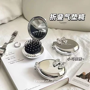 DREZEW Lược nhỏ có lược gấp di động dành cho nữ Túi khí trẻ em đệm khí massage tóc gương mini tích hợp lược