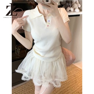 ZHELIHANGFEI Polo Cổ Áo Cầu Vồng Nút Vai Chính Hãng Tay Ngắn Ôm Cao Cấp Áo Len Top