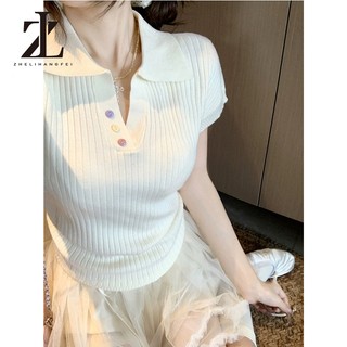 ZHELIHANGFEI Polo Cổ Áo Cầu Vồng Nút Vai Chính Hãng Tay Ngắn Ôm Cao Cấp Áo Len Top
