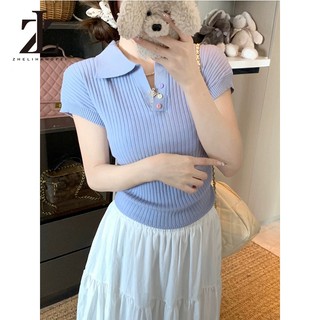 ZHELIHANGFEI Polo Cổ Áo Cầu Vồng Nút Vai Chính Hãng Tay Ngắn Ôm Cao Cấp Áo Len Top