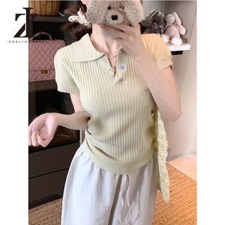 ZHELIHANGFEI Polo Cổ Áo Cầu Vồng Nút Vai Chính Hãng Tay Ngắn Ôm Cao Cấp Áo Len Top