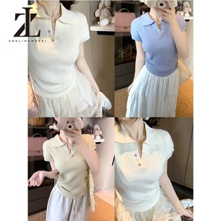 ZHELIHANGFEI Polo Cổ Áo Cầu Vồng Nút Vai Chính Hãng Tay Ngắn Ôm Cao Cấp Áo Len Top