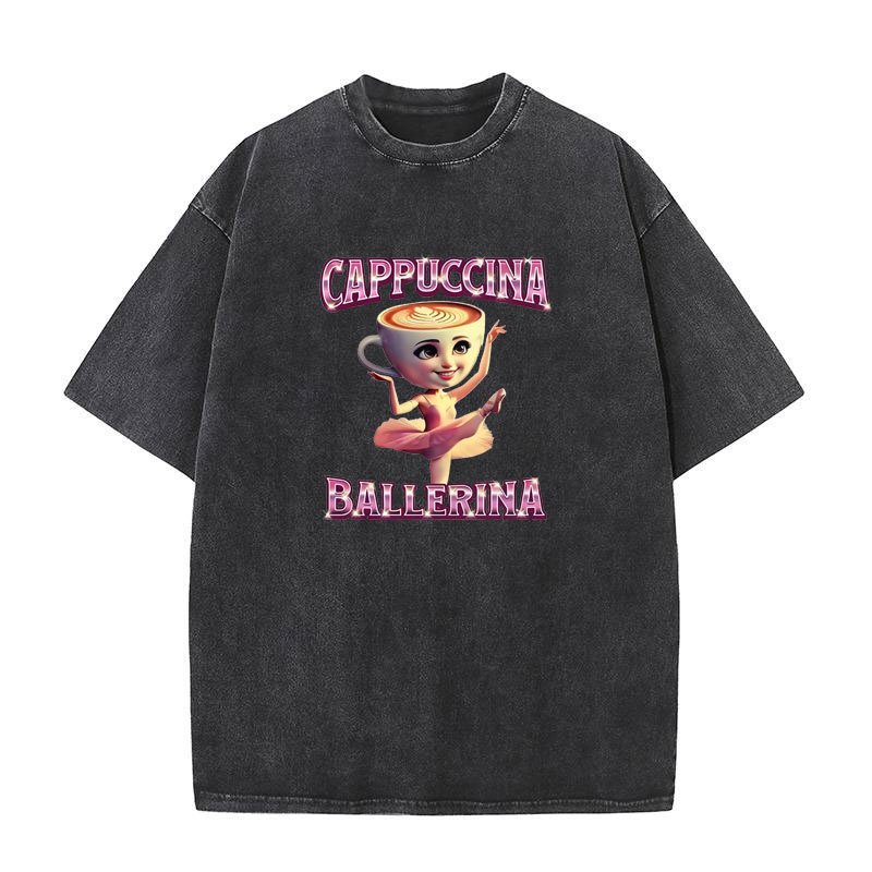 Cappuccina Ballerina Ngộ nghĩnh Ý Brainrot Meme Áo Thun Thời Trang Thẩm Mỹ Rửa Vintage Tay Ngắn Áo Nam Nữ Áo Thun Cotton Thường Ngày