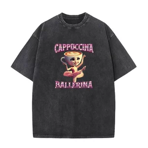 Cappuccina Ballerina Ngộ nghĩnh Ý Brainrot Meme Áo Thun Thời Trang Thẩm Mỹ Rửa Vintage Tay Ngắn Áo Nam Nữ Áo Thun Cotton Thường Ngày