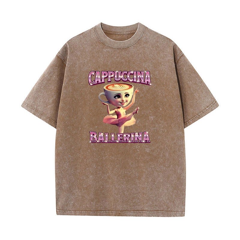Cappuccina Ballerina Ngộ nghĩnh Ý Brainrot Meme Áo Thun Thời Trang Thẩm Mỹ Rửa Vintage Tay Ngắn Áo Nam Nữ Áo Thun Cotton Thường Ngày