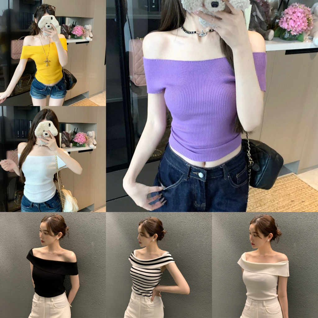 Hnkmp Xuân Hè Pure Desire Hot Girl Một Vai Slim Dopamine Dệt Kim Áo Tay Ngắn.