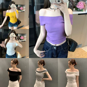 Hnkmp Xuân Hè Pure Desire Hot Girl Một Vai Slim Dopamine Dệt Kim Áo Tay Ngắn.