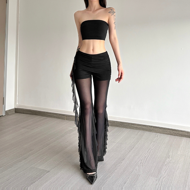 Cutenew Skinny Chắc Chắn Quần Dài Eo Cao Không Đều Chắp Vá Xù Ruy Băng Ruched Nhìn Xuyên Qua Nữ Thời Trang Gợi Cảm Phong Cách Đa Năng