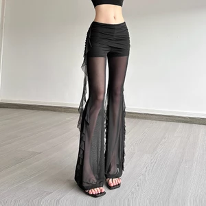 Cutenew Skinny Chắc Chắn Quần Dài Eo Cao Không Đều Chắp Vá Xù Ruy Băng Ruched Nhìn Xuyên Qua Nữ Thời Trang Gợi Cảm Phong Cách Đa Năng