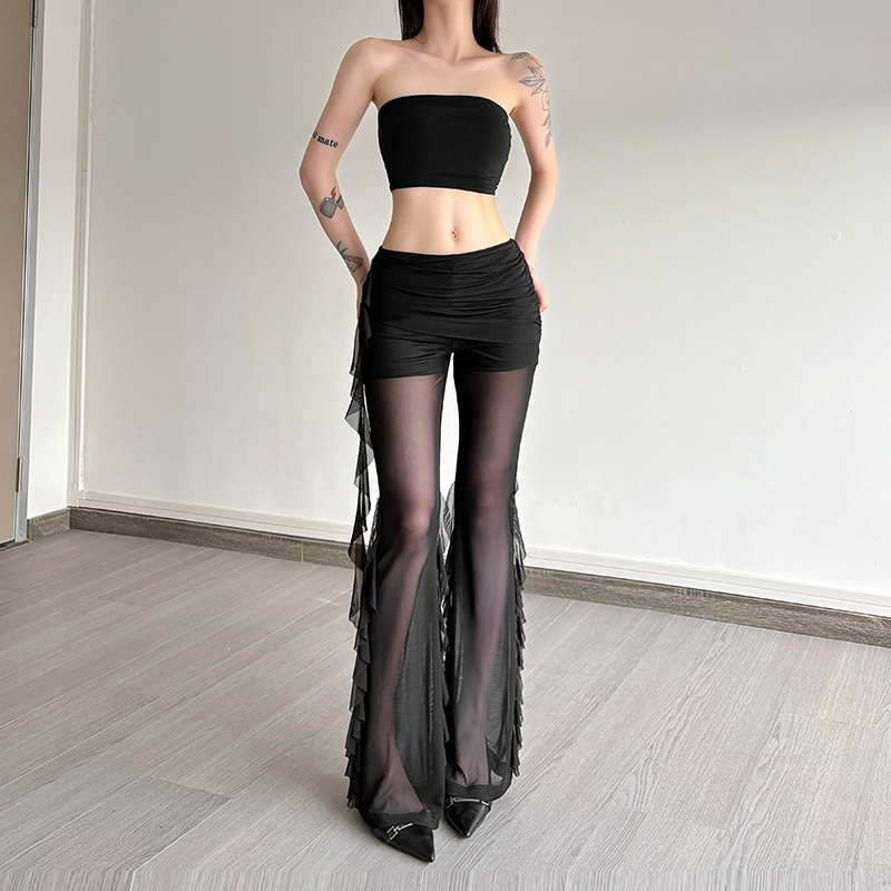 Cutenew Skinny Chắc Chắn Quần Dài Eo Cao Không Đều Chắp Vá Xù Ruy Băng Ruched Nhìn Xuyên Qua Nữ Thời Trang Gợi Cảm Phong Cách Đa Năng