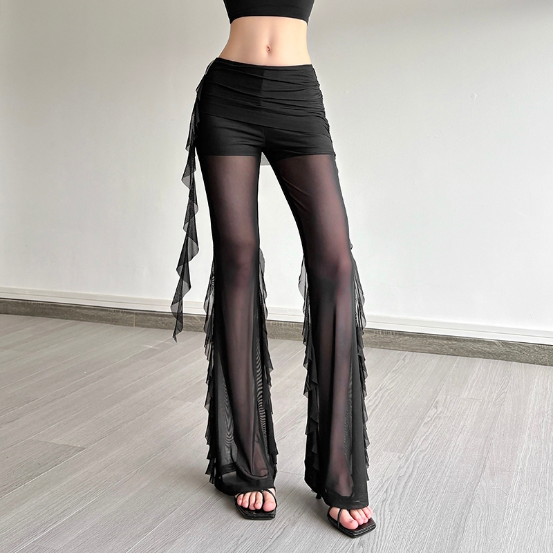Cutenew Skinny Chắc Chắn Quần Dài Eo Cao Không Đều Chắp Vá Xù Ruy Băng Ruched Nhìn Xuyên Qua Nữ Thời Trang Gợi Cảm Phong Cách Đa Năng