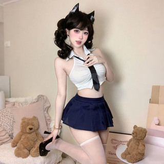 Đồng Phục Sinh Viên Genki Áo Sơ Mi Ngắn Eo Xếp Ly Váy Đại Học Bộ Gợi Cảm Dễ Thương Vai Trò Chơi Trang Phục