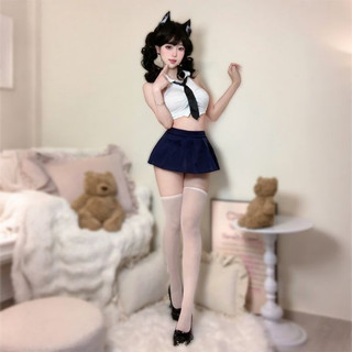 Đồng Phục Sinh Viên Genki Áo Sơ Mi Ngắn Eo Xếp Ly Váy Đại Học Bộ Gợi Cảm Dễ Thương Vai Trò Chơi Trang Phục