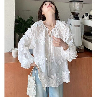 Thời trang Hàn Quốc Nữ dài tay cổ tròn dáng rộng cổ tròn dáng rộng áo sơ mi áo sơ mi