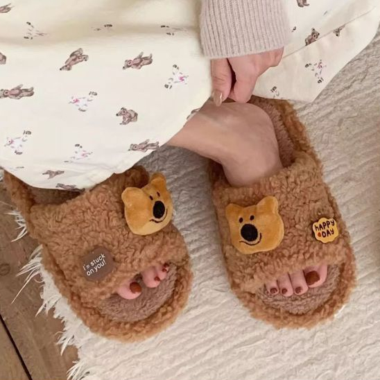 XIXITIAO Dép Giữ Ấm Đầu Gấu Lông Nữ Đế Dày Nhà Thoải Mái