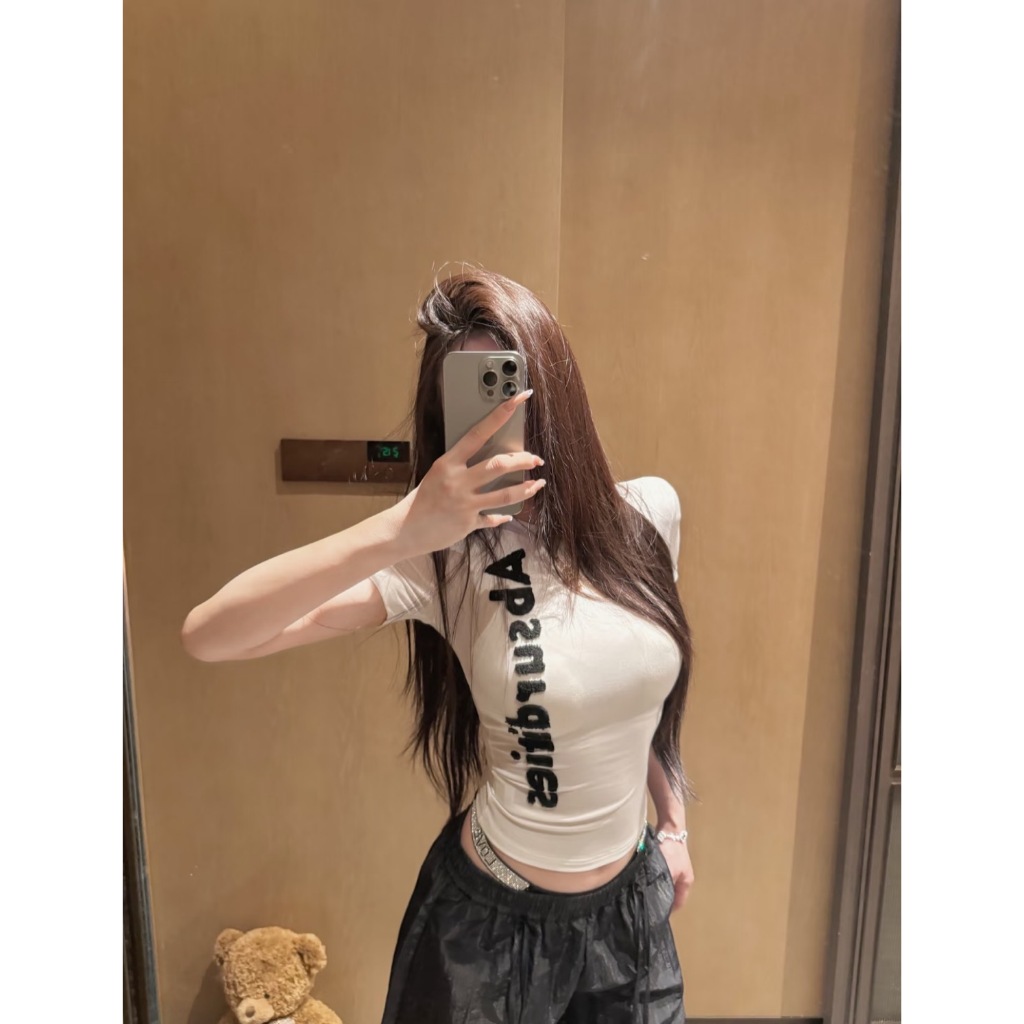【BANKO】Chữ thêu ngắn tay màu trắng mỏng vừa vặn mùa hè Mỹ dành cho nữ T @ -
