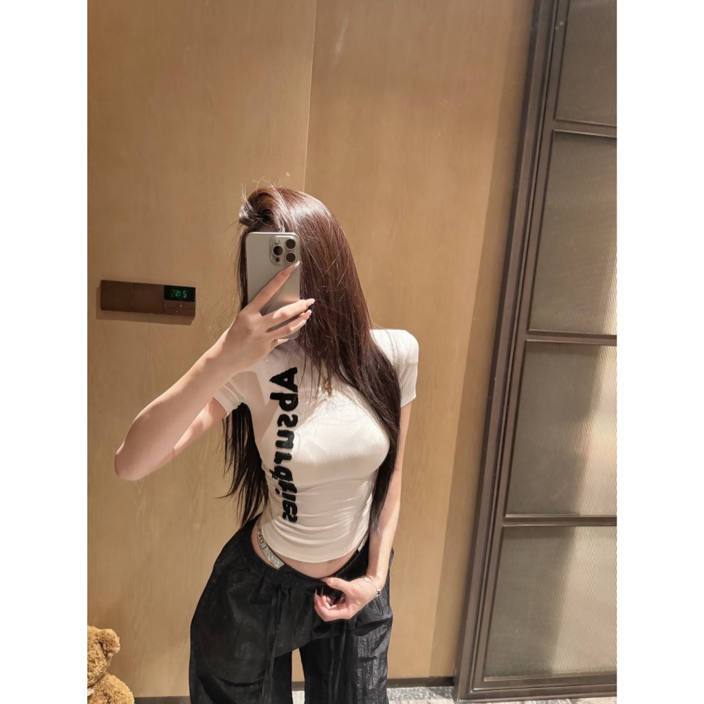 【BANKO】Chữ thêu ngắn tay màu trắng mỏng vừa vặn mùa hè Mỹ dành cho nữ T @ -