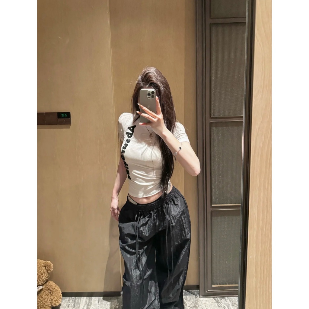 【BANKO】Chữ thêu ngắn tay màu trắng mỏng vừa vặn mùa hè Mỹ dành cho nữ T @ -