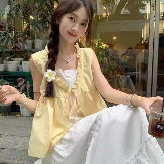 Phong Cách Hàn Quốc Nữ Nữ Rời Ruffle Baggy Ren Áo Sơ Mi Không Tay Áo Giả-hai Mảnh