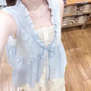 Phong Cách Hàn Quốc Nữ Nữ Rời Ruffle Baggy Ren Áo Sơ Mi Không Tay Áo Giả-hai Mảnh