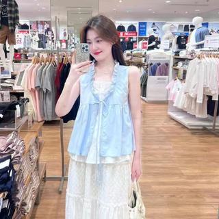 Phong Cách Hàn Quốc Nữ Nữ Rời Ruffle Baggy Ren Áo Sơ Mi Không Tay Áo Giả-hai Mảnh